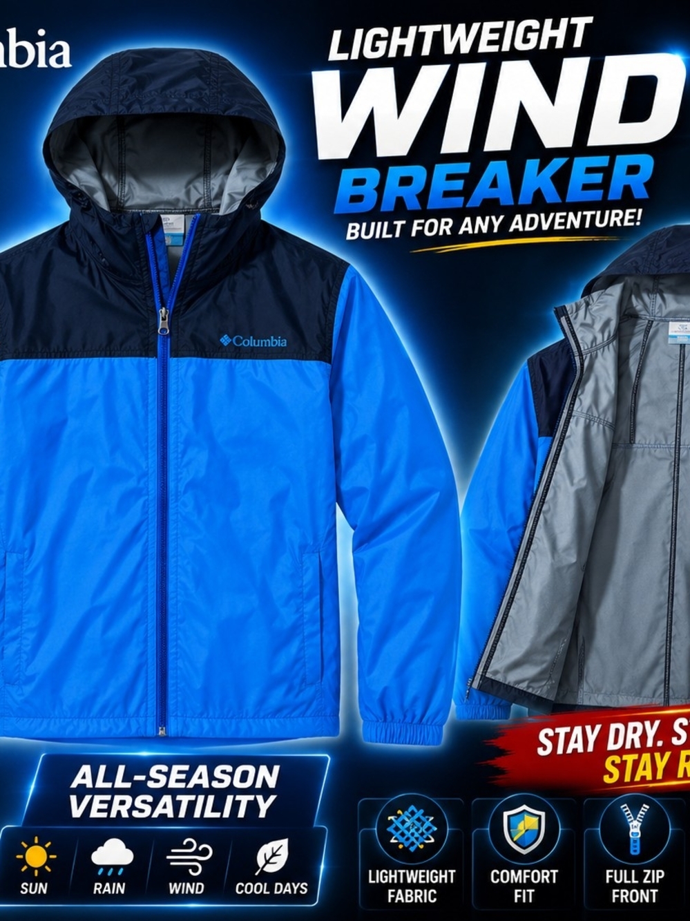 Columbia Youth Large 14/16 Blue Hooded Rain Jacket Windbreaker Kids Unisex